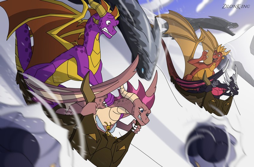 4_fingers black_body blue_eyes claws duo female feral fingers green_eyes group happy holding_shoulder horn male multi_horn orange_eyes purple_body purple_eyes race racing red_body scared semi-anthro sled smile snow snowboard tail wings zilonking activision mythology spyro_the_dragon cynder ember_(spyro) flame_(spyro) spyro arthropod dragon dragonfly insect mythological_creature mythological_scalie scalie unknown_species 2025 absurd_res digital_drawing_(artwork) digital_media_(artwork) hi_res signature