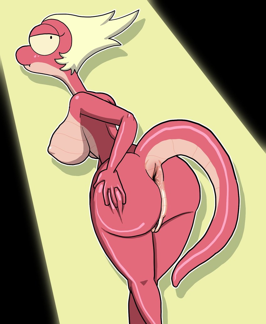 4_fingers anthro anus big_anus big_butt black_eyes blonde_hair breasts butt female fingers genitals hair hand_on_butt long_tail looking_back non-mammal_breasts nude pink_body pink_skin pose pussy raised_tail short_hair solo standing tail nokkomotion amphibia_(series) disney general_yunan amphibian newt salamander hi_res