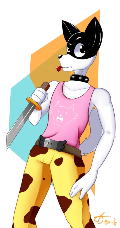 animal_print anthro belt biped bottomwear clothed clothing cow_print fur knife male pants shirt solo tank_top topwear weapon white_body white_fur filtrandez undertale undertale_(series) doggo_(undertale) canid canine canis domestic_dog mammal 2015 digital_media_(artwork) hi_res