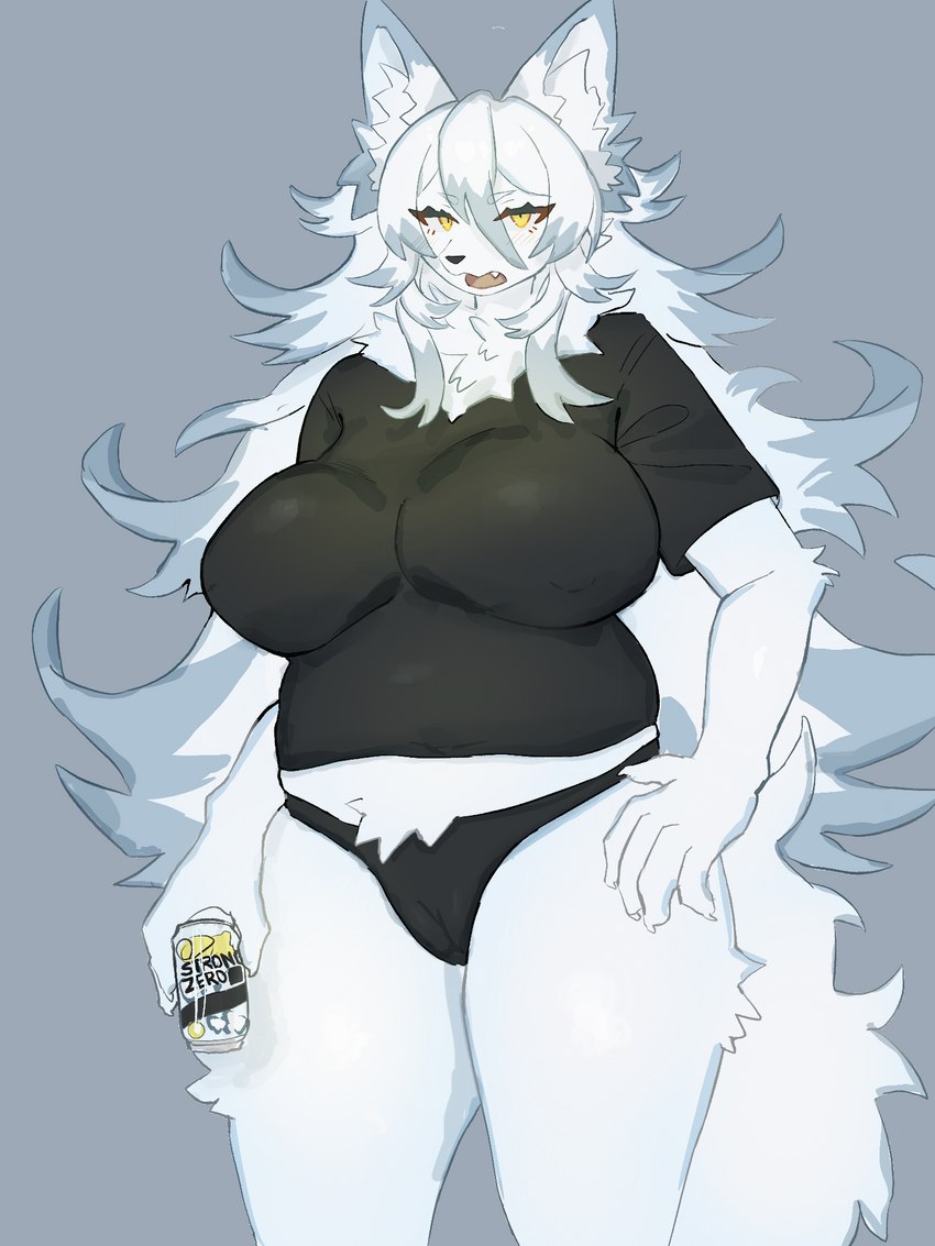 5_fingers alcohol anthro beverage beverage_can big_breasts black_nose breasts camel_toe claws clothed clothing cute_fangs dipstick_ears ear_markings fangs female female_anthro finger_claws fingers fur grey_body grey_fur grey_hair hair holding_object huge_breasts inner_ear_fluff kemono looking_at_viewer multicolored_ears multicolored_hair open_mouth panties shirt solo t-shirt tail teeth tongue topwear tuft underwear white_body white_fur white_hair yellow_eyes baburusushi strong_zero canid canine fox mammal 2021 3:4 character_request digital_media_(artwork) hi_res portrait three-quarter_portrait