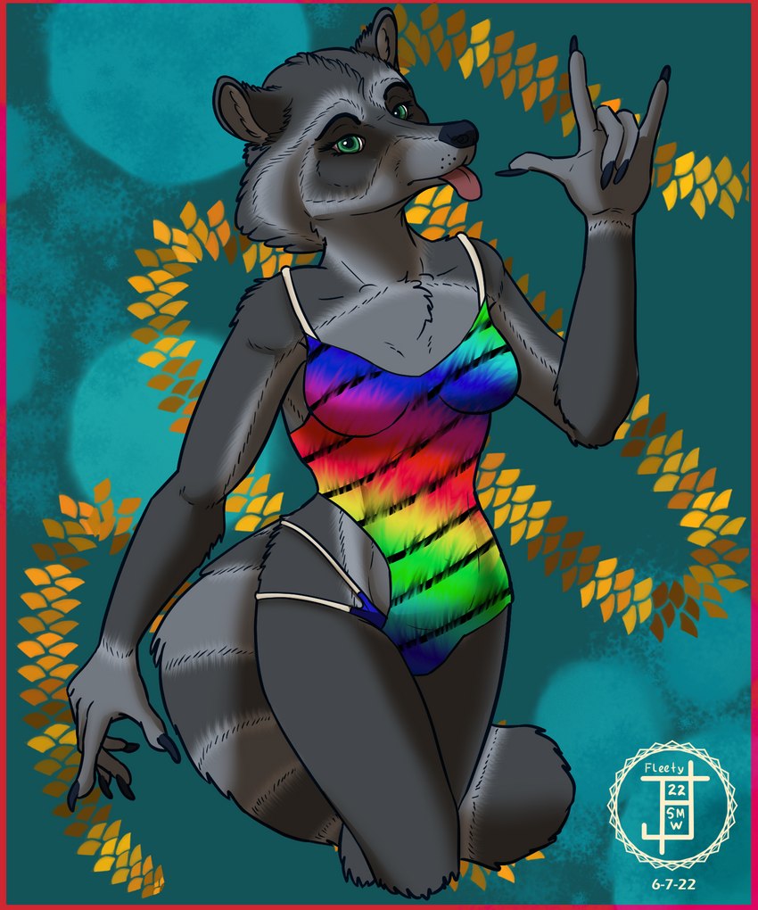 alternative_fashion anthro breasts clothing female gesture punk rainbow solo swimwear tie-dye tongue fleety_(artist) mammal procyonid raccoon 5:6 hi_res