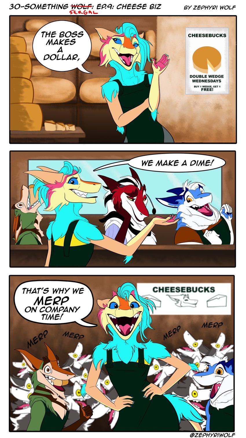 3_panel_comic alternate_form alternate_species anthro arm_tuft barista blue_sclera cheek_tuft cheese chest_tuft dairy_products dialogue dialogue_box ears_back elbow_tuft facial_tuft female food fur grin group humor inner_ear_fluff lips male merp multicolored_body multicolored_fur open_mouth open_smile orange_sclera pivoted_ears shoulder_tuft slightly_chubby slightly_chubby_anthro slightly_chubby_male smile tail text thick_bottom_lip tuft wide_eyed yellow_sclera zephyriwolf charlie_sergal sergal 9:16 absurd_res english_text hi_res