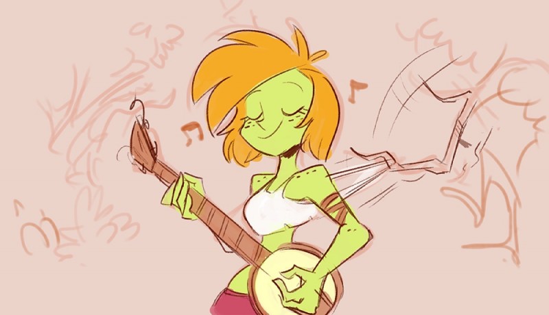 female green_body green_skin hair music musical_instrument not_furry orange_hair simple_background solo herny hopping_gills priscilla_anchorstream human mammal