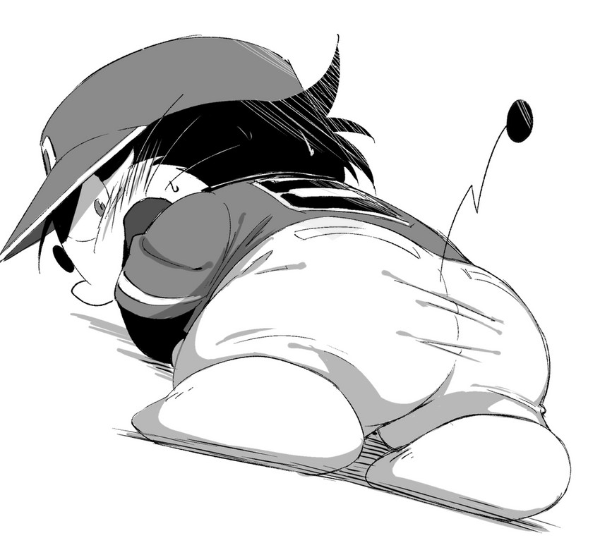 baseball_uniform blush bottomwear butt clothing hat headgear headwear kemono male pants semi-anthro shirt simple_background solo sportswear topwear uniform white_background diru11 dorabase doraemon kuroemon felid feline mammal monochrome