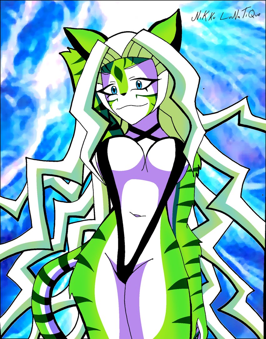 anthro big_breasts bikini black_clothing blue_eyes breasts clothing electricity female fur green_body green_fur green_hair hair hand_behind_own_head lightning_bolt long_hair looking_at_viewer one-piece_swimsuit smile solo storm striped_body striped_fur stripes swimwear thick_thighs two-piece_swimsuit white_body white_fur nikku_lunatique trisha_(nikku_lunatique) felid feline mammal pantherine tiger hi_res