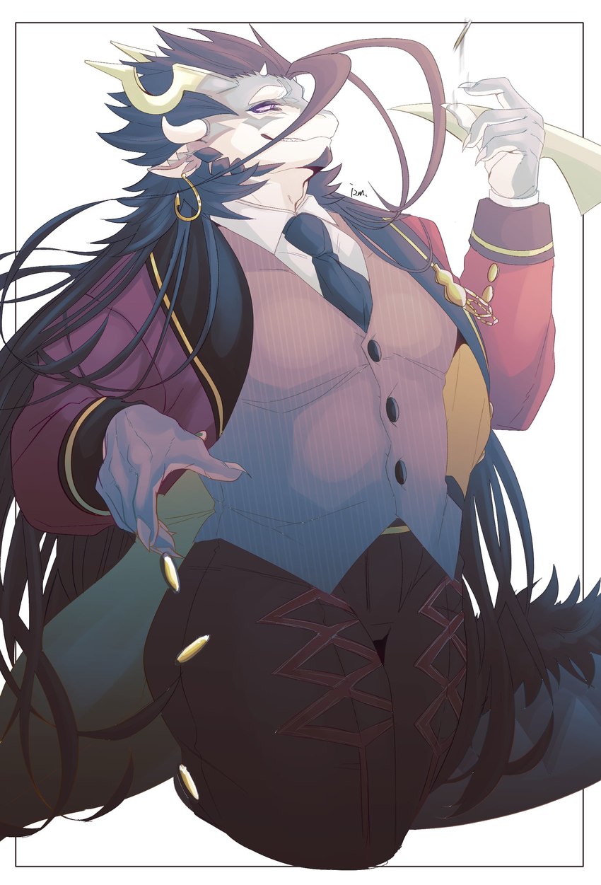 anthro black_hair grey_body grey_scales hair long_hair male muscular muscular_anthro muscular_male pecs scales solo tail izm_rm7 lifewonders mythology tokyo_afterschool_summoners fuxi_(tas) dragon mythological_creature mythological_scalie scalie absurd_res hi_res