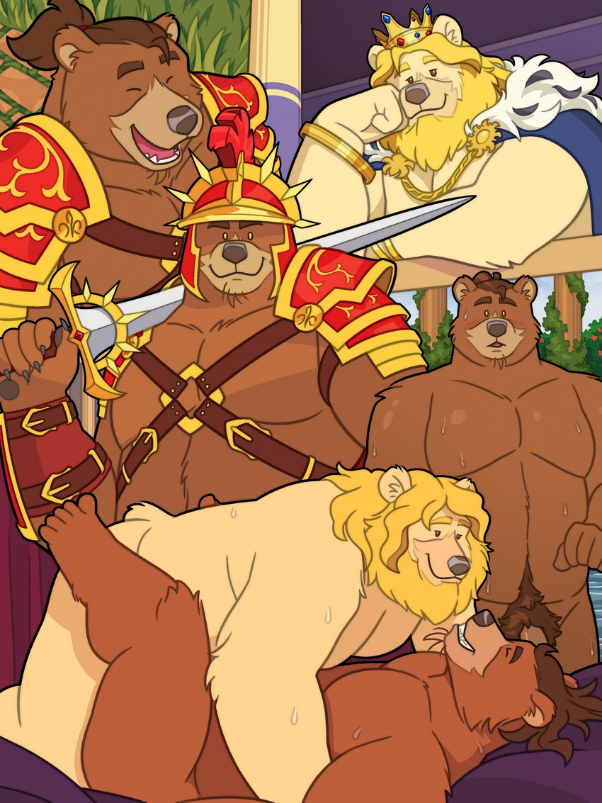 anal anthro armor beard bed_sheet bedding blonde_beard blonde_facial_hair blonde_hair bodily_fluids body_hair bracelet brooch brown_body brown_eyes brown_fur brown_hair brown_pubes cape cheek_tuft claws closed_smile clothed clothing column crown day detailed_background duo eyes_closed facial_hair facial_tuft flaccid flower from_front_position fur fur_cape fur_clothing fur_trim_(clothing) galea gem genitals gold_(metal) gold_jewelry grass hair happy_trail harness headgear helmet high-angle_view holding_melee_weapon holding_object holding_sword holding_weapon inside jewelry king knight laminar_armor legs_up long_hair longsword looking_at_another looking_at_viewer looking_down looking_down_at_partner low-angle_view lying male male/male melee_weapon missionary_position moobs mouth_closed multiple_angles musclegut muscular narrowed_eyes nude obscured_anal obscured_penetration on_back open_mouth open_smile outside overweight overweight_male partially_clothed pawpads pecs penis pillar plant ponytail pubes royalty seductive sex short_tail sky smile straps surprise surprised_expression sweat sweatdrop sword tail tan_body tan_fur tuft unconvincing_armor vambrace warrior water wavy_hair weapon weapon_on_shoulder yellow_body yellow_eyes yellow_fur quasarbearcat king_regulus bear brown_bear grolar_bear hybrid mammal ursine 3:4 absurd_res cel_shading hi_res multiple_scenes shaded