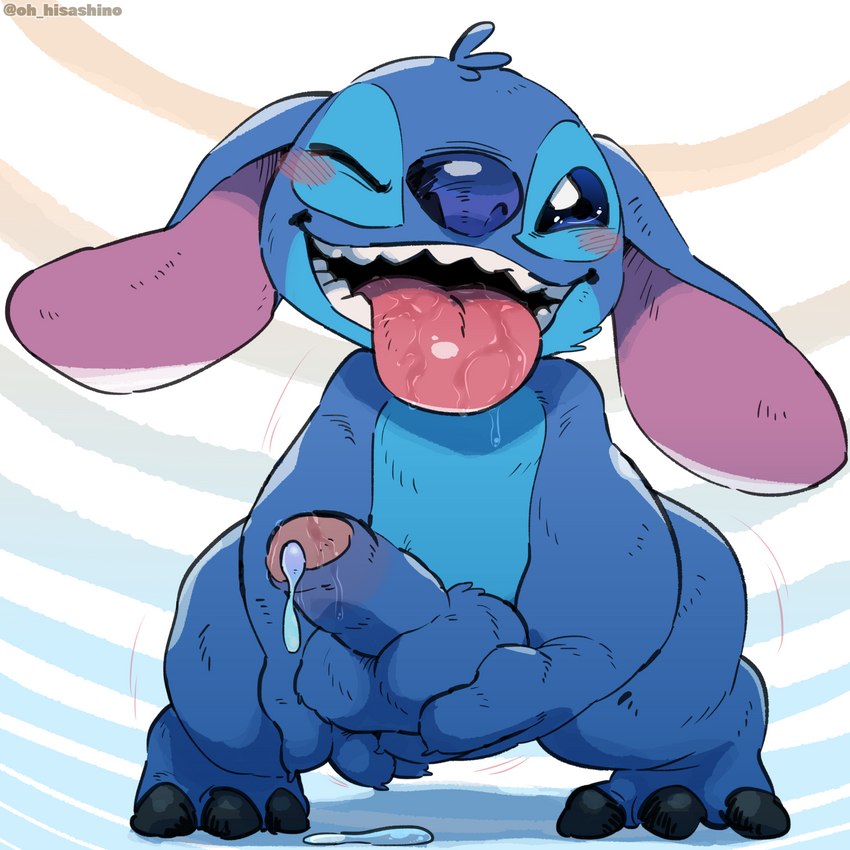 3_toes balls big_tongue bleh blue_balls blue_body blue_fur blue_nose bodily_fluids cum drooling ears_down feet foreskin fur genital_fluids genitals glistening glistening_nose glistening_tongue head_tuft holding_balls humanoid_genitalia humanoid_penis leaking_cum long_tongue male one_eye_closed open_mouth open_smile penis pivoted_ears saliva smile solo standing toes tongue tongue_out tuft wink hisashino disney lilo_and_stitch stitch_(lilo_and_stitch) alien experiment_(lilo_and_stitch) 1:1 hi_res