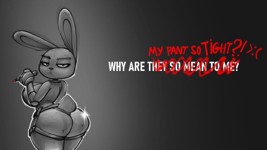 >:( anthro belt big_breasts big_butt bottomwear breasts butt clothed clothing curvy_figure ears_up elbow_pads exclamation_point eyebrows eyelashes female fingerless_gloves fur glistening gloves gradient_background grey_background greyscale_background half-closed_eyes handwear harness huge_breasts huge_butt interrobang long_ears looking_at_viewer looking_back looking_back_at_viewer marker narrowed_eyes police police_officer police_uniform policewoman question_mark scut_tail short_tail simple_background solo sparkles tail text thick_thighs tight_clothing topwear uniform unimpressed bigdad disney everyone_is_so_mean_to_me judy_hopps_allegation_challenge zootopia judy_hopps european_rabbit lagomorph leporid mammal oryctolagus rabbit 16:9 2022 digital_media_(artwork) english_text greyscale hi_res meme monochrome widescreen