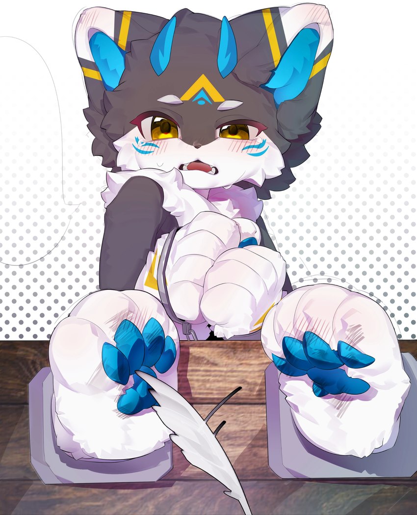 anthro blush bodily_fluids cuff_(restraint) dotted_background feathers feet fluffy fluffy_chest foot_fetish handcuffs hands_together horn kemono male metal_cuffs nude pattern_background pawpads restraints simple_background solo sweat sweatdrop tickling tickling_feet pulan canid canine mammal 2025 absurd_res hi_res