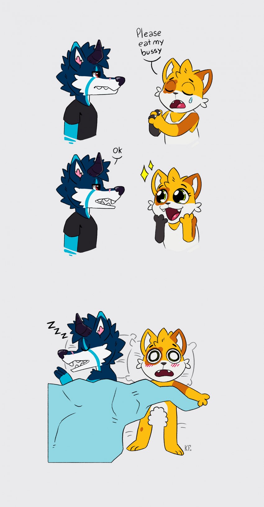 anthro bed begging begging_pose bite dialogue duo excited furniture humor lying male on_back pose requesting sleeping katxfish mythology katxlogan canid canine canis domestic_cat dragon felid feline felis hybrid mammal mythological_creature mythological_scalie scalie wolf absurd_res hi_res meme