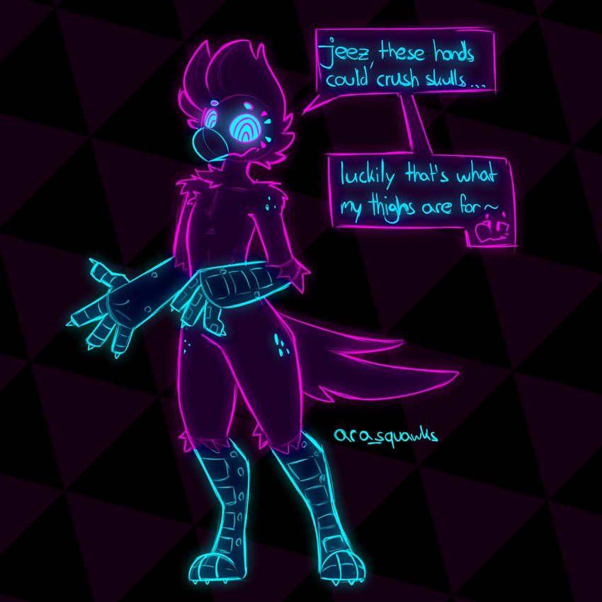 anthro beak blue_eyes claws dialogue digitigrade glowing glowing_body glowing_eyes glowing_markings hypnotic_eyes male markings neon pink_body ringed_eyes solo text toe_claws ara_squawks ara_(ara_squawks) avian bird parrot 1:1 2023 digital_media_(artwork) english_text hi_res