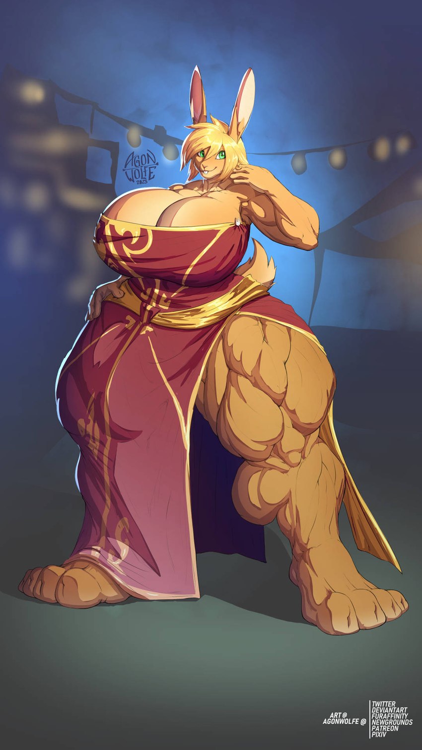 anthro big_breasts big_feet big_muscles blonde_hair breasts clothed clothing dress feet female green_eyes hair huge_breasts huge_legs huge_muscles huge_thighs hyper hyper_muscles long_ears muscular muscular_anthro muscular_female plantigrade quadriceps solo thick_thighs agonwolfe lagomorph leporid mammal rabbit 9:16 hi_res