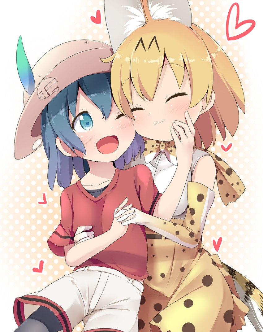 blush blush_lines bottomwear clothed clothing duo feathers female female/female gloves handwear hat headgear headwear hug skirt tail tail_under_skirt young makuran kemono_friends kaban-chan serval-chan animal_humanoid felid feline human humanoid mammal serval hi_res