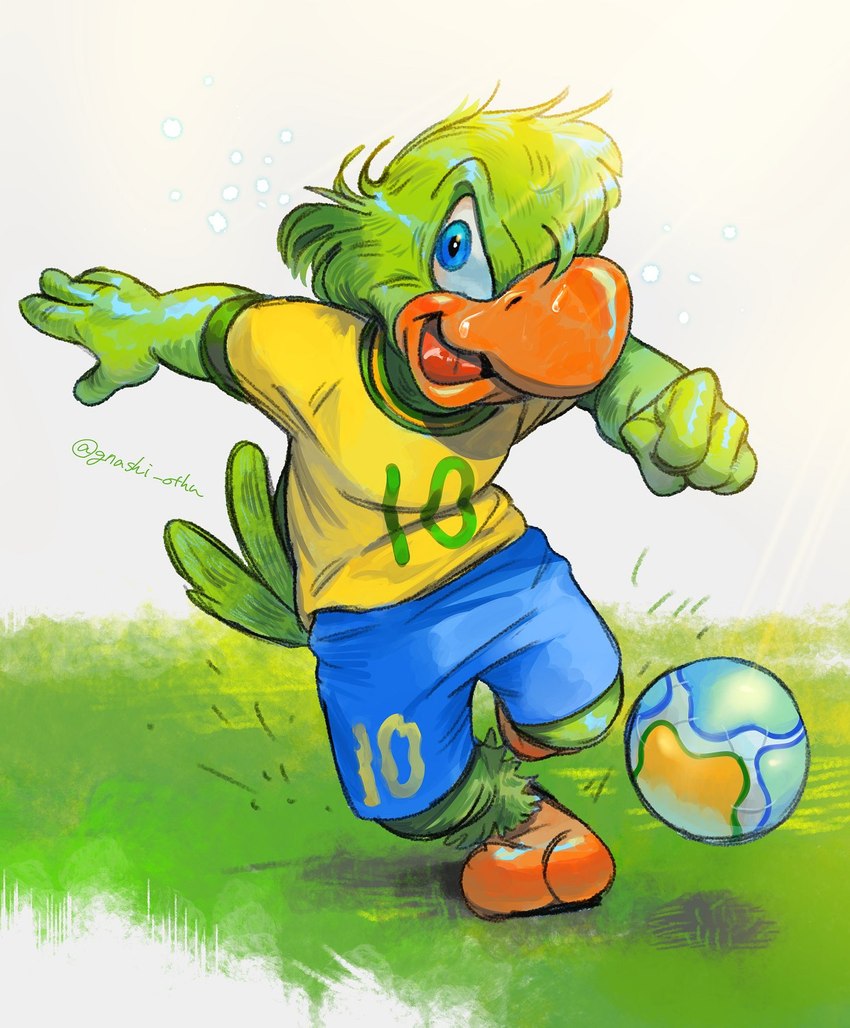 4_fingers anthro ball beak biped blue_eyes bodily_fluids brazil brazilian clothed clothing feathers fingers grass green_body green_feathers male open_mouth plant soccer soccer_ball soccer_uniform solo sport sportswear sweat sweatdrop uniform gnashi_othu disney the_three_caballeros jose_carioca avian bird parrot 2020 full-length_portrait hi_res portrait signature