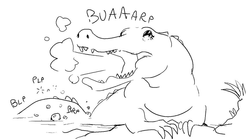 black_eyeshadow bubble burp_cloud burping eyelashes eyeshadow fart fart_bubbles female feral lidded_eyes makeup open_mouth partially_submerged simple_background solo sound_effects text vowelless vowelless_sound_effect white_background jubb crocodile crocodilian reptile scalie 2022 artist_name black_and_white monochrome