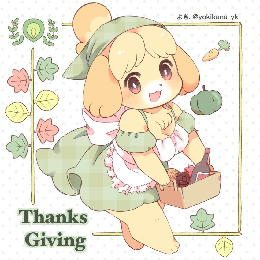 3_fingers 3_toes accessory alternative_fashion anthro apple barefoot basket beverage blonde_hair bottle breasts carrot chest_tuft cleavage clothed clothing container country_lolita daww dotted_background dress feet female female_anthro fingers food fruit fur grape green_clothing green_dress hair hair_accessory holding_object holidays j-fashion kemono kerchief leaf lolita_(fashion) looking_at_viewer medium_breasts open_mouth pattern_background plant simple_background smile solo text toes topwear tuft vegetable white_background yellow_body yellow_fur yokikana_yk animal_crossing nintendo thanksgiving isabelle_(animal_crossing) canid canine canis domestic_dog mammal 1:1 digital_media_(artwork) english_text pastel_theme