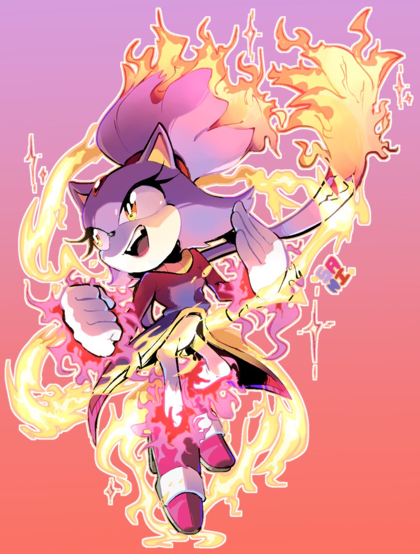 5_fingers anthro clothing female fingers fire footwear gloves hair handwear open_mouth open_smile ponytail simple_background smile solo teeth yellow_eyes sanikink sega sonic_the_hedgehog_(series) blaze_the_cat felid feline mammal 2021 hi_res