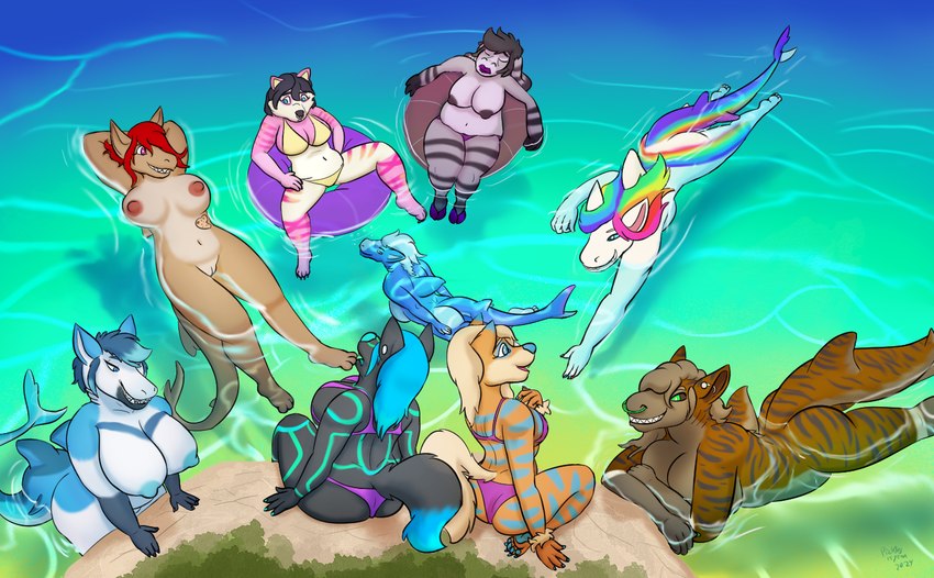 anthro breasts butt casual_exposure casual_nudity clothed clothing curvy_figure female genitals group inflatable inner_tube nude pussy swimming topless water pickles-hyena nintendo pokemon maya_henderson arcanine bear canid canine canis fish generation_1_pokemon giant_panda hybrid mammal marine pokemon_(species) shark wolf