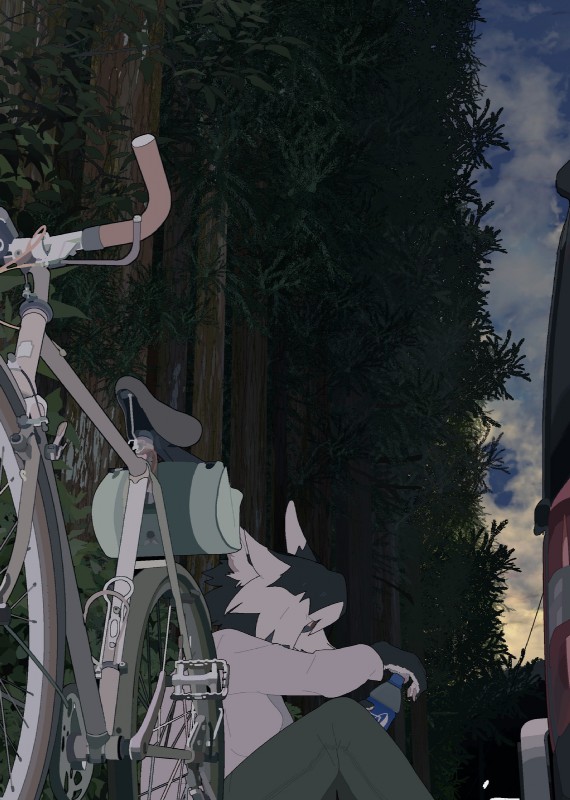 bicycle bottle bottomwear clothing container detailed_background female fur grey_body grey_fur holding_object outside pants plant red_eyes sitting solo sweater topwear tree vehicle white_body white_fur taracod canid canine mammal hi_res