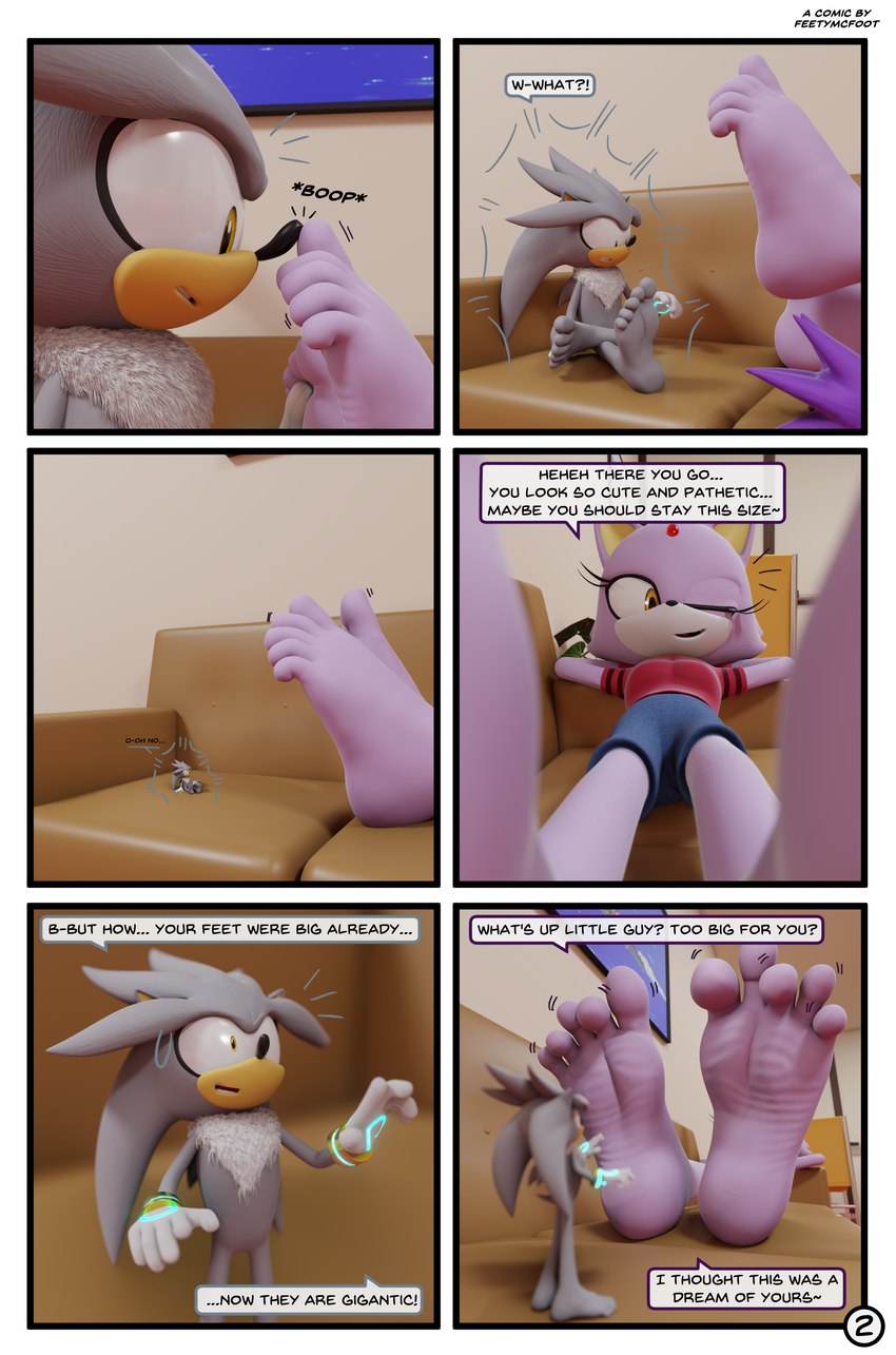 5_toes anthro barefoot dialogue duo extreme_size_difference feet female foot_fetish foot_focus foot_play humanoid_feet male male/female micro plantigrade shrinking size_difference size_transformation soles speech_bubble text toes transformation feetymcfoot sega sonic_the_hedgehog_(series) blaze_the_cat silver_the_hedgehog domestic_cat eulipotyphlan felid feline felis hedgehog mammal 3d_(artwork) absurd_res comic digital_media_(artwork) english_text hi_res