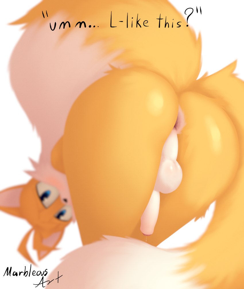 2_tails anthro anus backsack balls bent_over big_butt big_ears black_nose blue_eyes blush bodily_fluids butt butt_focus cheek_tuft countershade_balls countershade_butt countershade_crotch countershade_ears countershade_face countershade_fur countershade_genitalia countershading depth_of_field dialogue dipstick_tail facial_tuft fluffy fluffy_tail foreskin fur fuzzy fuzzy_balls genital_fluids genitals glistening glistening_body glistening_butt head_tuft huge_butt looking_at_viewer male markings multi_tail multicolored_body multicolored_fur multicolored_tail penis perineum pink_anus precum presenting presenting_anus presenting_balls presenting_hindquarters presenting_penis question_mark raised_tail rear_view shy simple_background solo tail tail_markings text thick_thighs tuft white_background white_body white_countershading white_fur white_tail white_tail_tip wide_hips yellow_body yellow_fur yellow_tail marbleous sega sonic_the_hedgehog_(series) miles_prower canid canine fox mammal 2025 hi_res