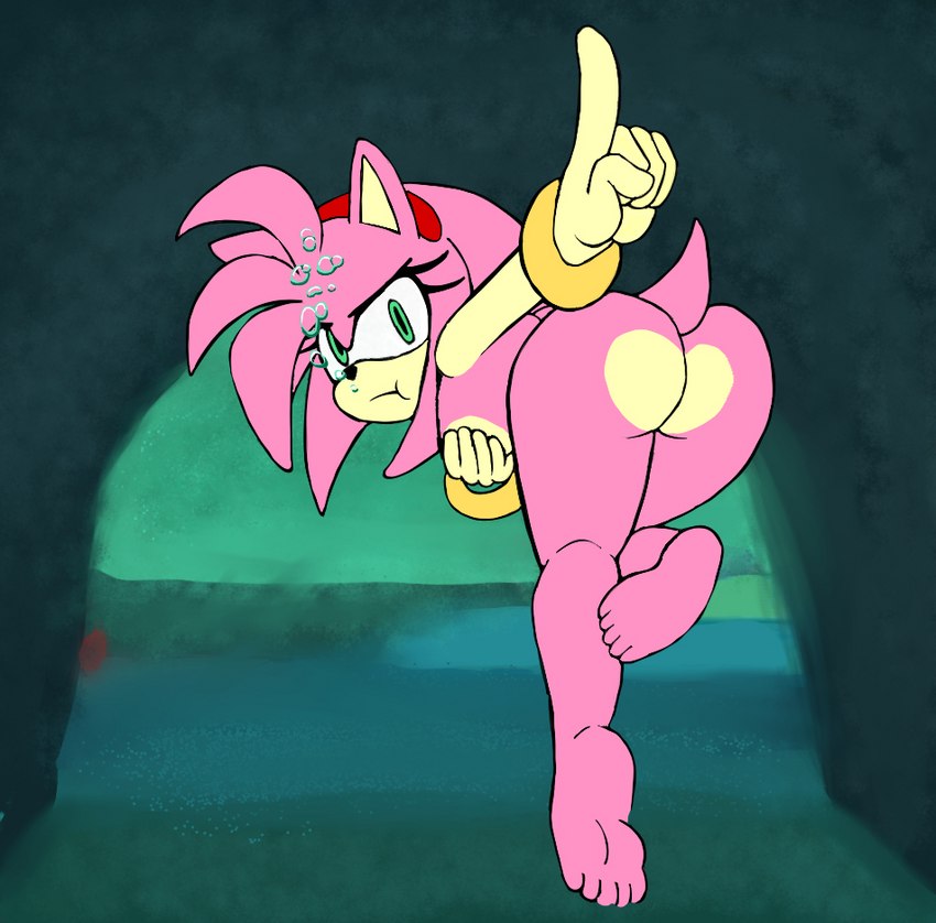 anthro breasts bubble butt cave clothing diving feet female freediving green_eyes hair hand_on_breast hiding_breasts holding_breast holding_breath humanoid_feet nude pink_body pink_hair plantigrade skinny_dipping soles solo swimming underwater water the_mad_monk sega sonic_the_hedgehog_(series) amy_rose eulipotyphlan hedgehog mammal