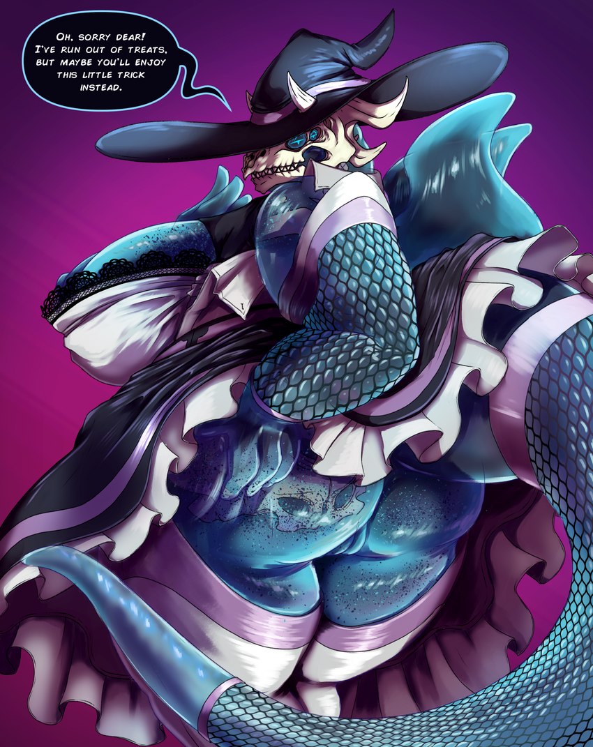 anthro big_breasts big_butt blue_body bone breasts butt butt_grab butt_squish clothing dialogue dress female genitals hand_on_butt hat headgear headwear horn huge_breasts huge_butt legwear mature_female pussy skeleton skull skull_head solo speech_bubble squish stockings text thick_thighs thigh_highs voluptuous_anthro voluptuous_female witch_costume witch_hat tolerain mythology zeema_(tolerain) dragon goo_creature goo_creature_with_bones mythological_creature mythological_scalie scalie english_text hi_res