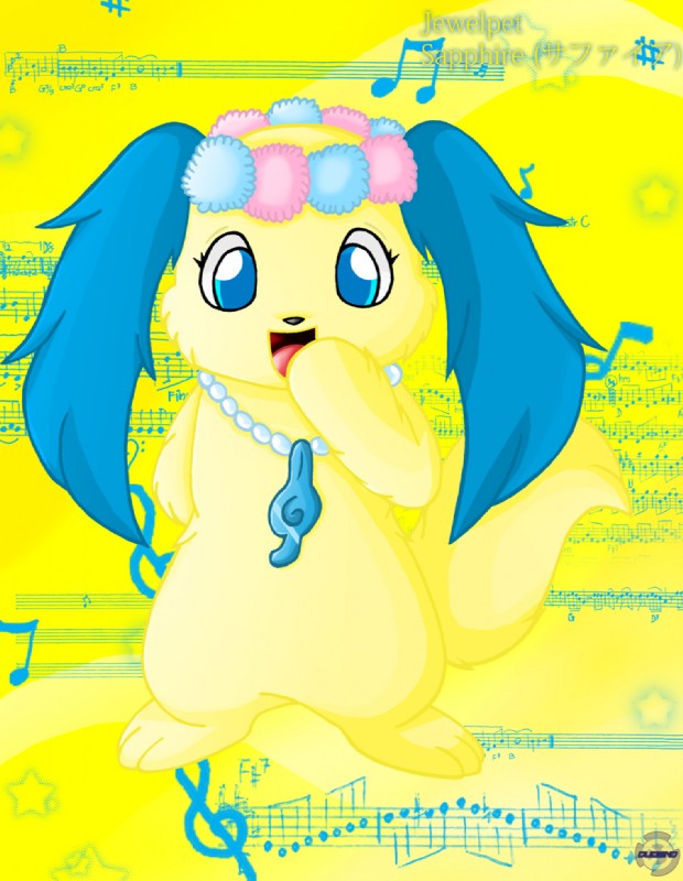 blue_eyes female floppy_ears fur g_clef giggling looking_at_viewer lop_ears musical_note musical_symbol open_mouth solo symbol text yellow_body yellow_fur unknown_artist jewelpet sanrio sega sega_fave sapphie_(jewelpet) bird_dog canid canine canis cavalier_king_charles_spaniel domestic_dog hunting_dog mammal spaniel toy_dog translated unavailable_at_source