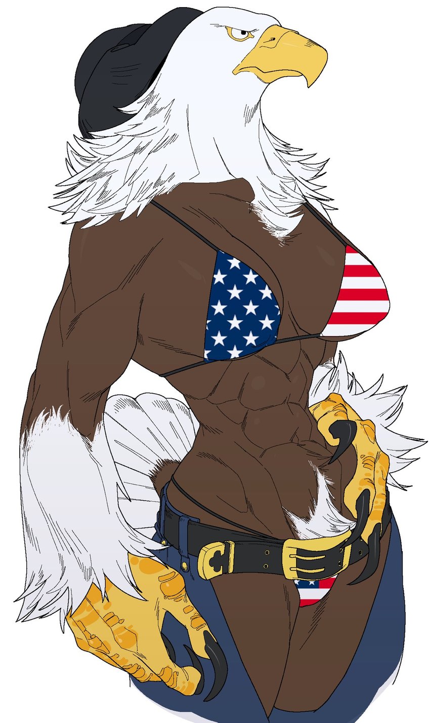 abs american_flag american_flag_bikini anthro athletic belt big_pubes bikini bikini_cowgirl breasts brown_body chaps claws clothed clothing feathers female flag flag_bikini flag_clothing flag_print flag_swimwear kemono muscular muscular_anthro muscular_female nipple_outline no_irises print_bikini print_clothing print_swimwear pubes simple_background solo swimwear two-piece_swimsuit united_states_of_america white_background white_body white_feathers quququl american_eagle accipitrid accipitriform avian bald_eagle bird eagle sea_eagle 2021 digital_media_(artwork) hi_res