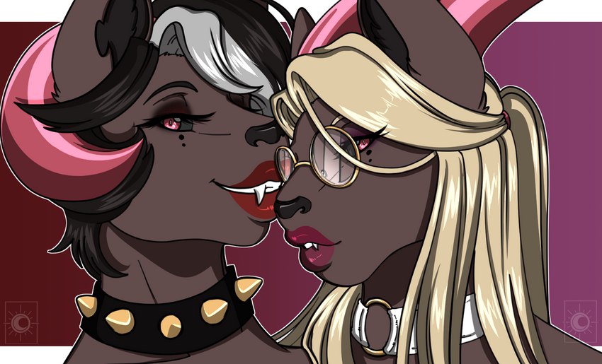 2_heads anthro black_sclera blonde_hair choker collar eyewear fangs female glasses hair highlights_(coloring) jewelry makeup multi_head necklace pink_eyes solo spiked_collar spikes spots teeth etoilenocturne european_mythology greek_mythology mythology dafne_(ninnasaurio_&_charliecorvinus) canid canid_demon canine cerberus demon hellhound mammal mythological_canine mythological_creature hi_res