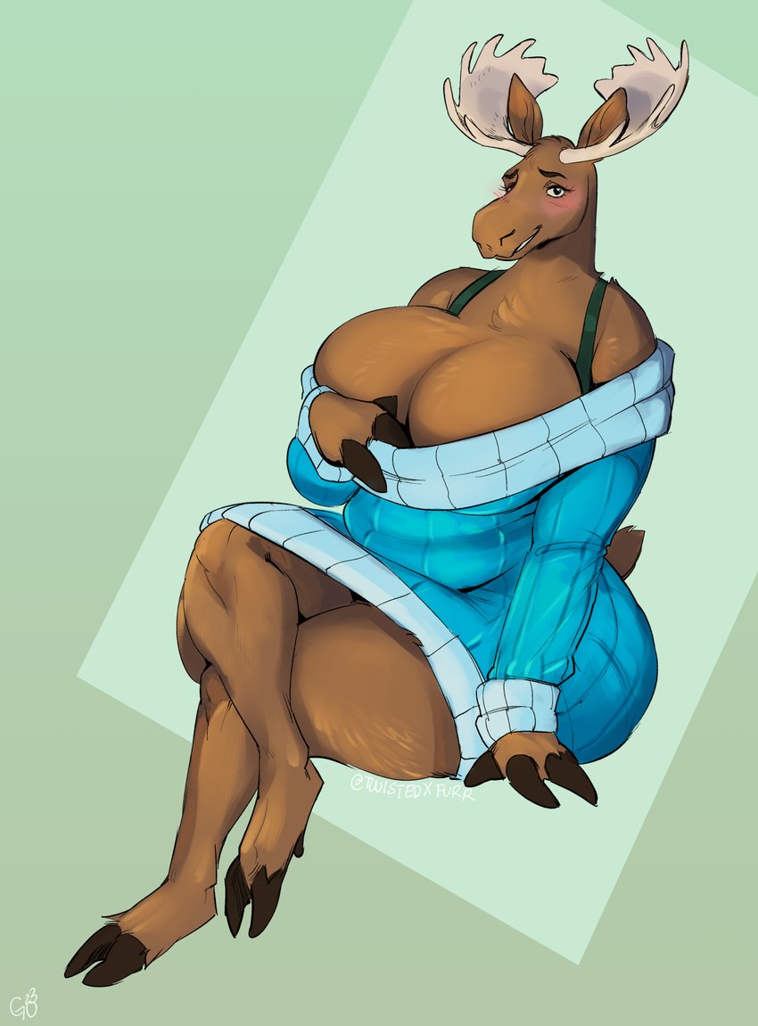 anthro antlers big_breasts blue_clothing blue_sweater blue_topwear blush bra_strap breasts brown_body brown_fur clothing crossed_legs female fur hooves horn huge_breasts looking_at_viewer oversized_clothing overweight overweight_female simple_background sitting slightly_chubby slightly_chubby_female snout solo sweater tail thick_thighs topwear tugging_clothing twitter_handle twistedteeth gerry_(mcdoogiy) deer mammal moose new_world_deer 2023 hi_res signature