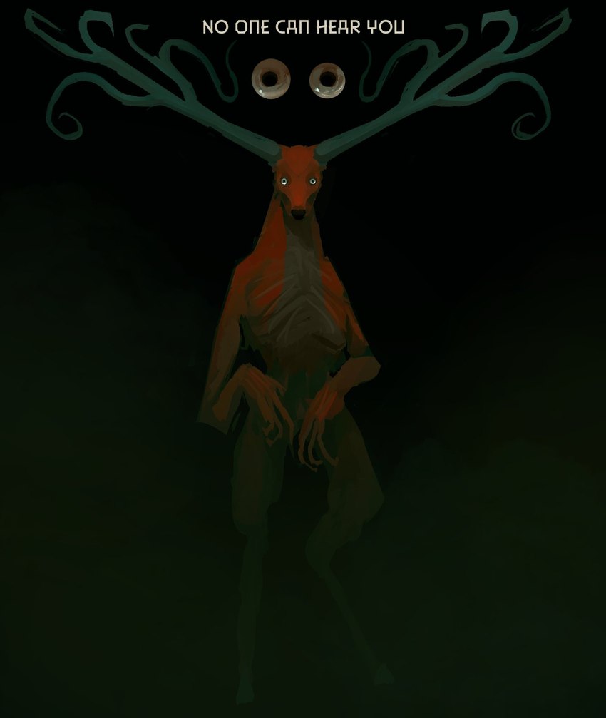 anthro antlers biped bipedal_feral brown_body brown_fur creepy creepy_face darkness feral floating_eyes fur hooves horn long_fingers looking_at_viewer male solo stare tan_body tan_fur text vei0_deseho adventure_time cartoon_network deer mammal english_text hi_res