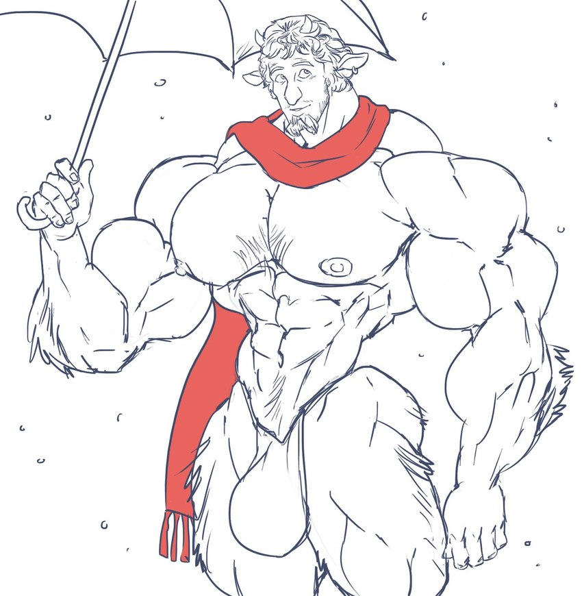 beard biceps big_muscles bulge detailed_bulge ear_piercing facial_hair genital_outline goatee horn huge_muscles male muscular navel nipples pecs penis_outline piercing scarf snow solo umbrella remert chronicles_of_narnia tumnus faun humanoid hi_res