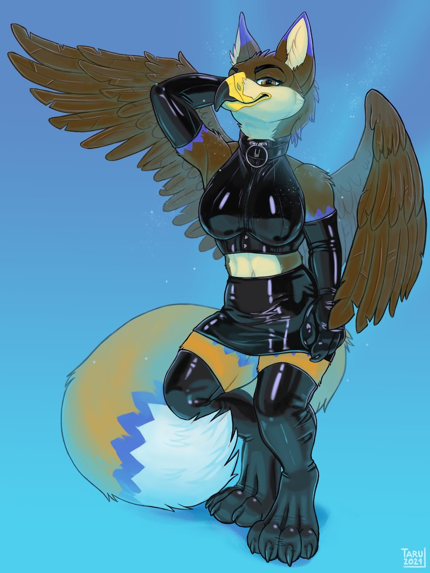 4_fingers 4_toes anthro armwear beak big_breasts black_armwear black_clothing black_collar black_elbow_gloves black_gloves black_handwear black_latex black_legwear black_stockings black_thigh_highs blue_background bottomwear breasts brown_body brown_eyes brown_feathers claws clothed clothing collar digitigrade elbow_gloves feathered_wings feathers feet female fingers fluffy fluffy_tail glistening glistening_latex gloves hand_behind_head handwear latex latex_armwear latex_bottomwear latex_clothing latex_elbow_gloves latex_gloves latex_handware latex_handwear latex_legwear latex_skirt latex_stockings latex_thigh_highs latex_topwear legwear looking_at_viewer rubber_clothing simple_background skirt solo standing stockings tail thigh_highs toe_claws toes topwear wings tarumeow mythology velux avian gryphon mythological_avian mythological_creature 2021 hi_res