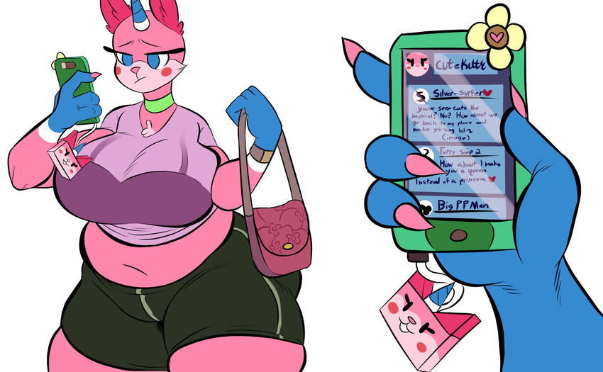 anthro belly big_breasts big_butt blue_eyes blue_hands bottomwear bra bra_through_clothing breasts butt cellphone cheek_tuft chest_tuft clothed clothing electronics facial_tuft female fingernails fur horn huge_butt multicolored_body nails phone phone_charm pink_body purse shorts simple_background slightly_chubby smartphone solo text thick_thighs translucent translucent_clothing tuft underwear white_background isolatedartest lego mythology the_lego_movie unikitty domestic_cat equid equine felid feline felis hybrid mammal mythological_creature mythological_equine unicorn absurd_res english_text hi_res