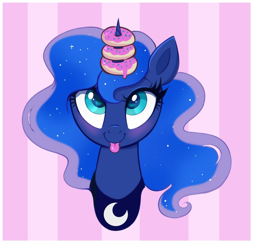 blep blue_body blue_eyes blue_fur blue_hair blush border dessert doughnut ethereal_hair female feral food fur hair horn jewelry necklace pastry solo sparkles tongue tongue_out white_border confetticakez friendship_is_magic hasbro my_little_pony mythology princess_luna_(mlp) equid equine mammal mythological_creature mythological_equine unicorn absurd_res hi_res portrait