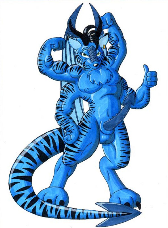 3_toes 4_arms 4_fingers anthro athletic balls biceps big_muscles biped black_claws black_hair black_horn black_markings black_nose black_stripes blue_body blue_fur blue_nipples blue_penis blue_scales blue_wings chest_tuft claws digitigrade ear_piercing erection eyebrows feet fingers flexing fur genitals gesture green_eyes hair hand_gesture hindpaw horn long_tail looking_at_viewer male markings membrane_(anatomy) membranous_wings multi_arm multi_limb muscular muscular_anthro muscular_male navel nipples nude paws penile_spines penis piercing pose prehensile_tail scales simple_background solo spade_tail spiked_penis spikes spikes_(anatomy) standing stripes tail thumbs_up toe_claws toes tuft unusual_anatomy unusual_genitalia unusual_penis white_background wings marc_leonhardt kaito_fenikkusu mythology kyte_pheonix dragon felid furred_dragon furred_scalie hybrid mammal mythological_creature mythological_scalie pantherine scalie tiger 2005 hi_res traditional_media_(artwork)