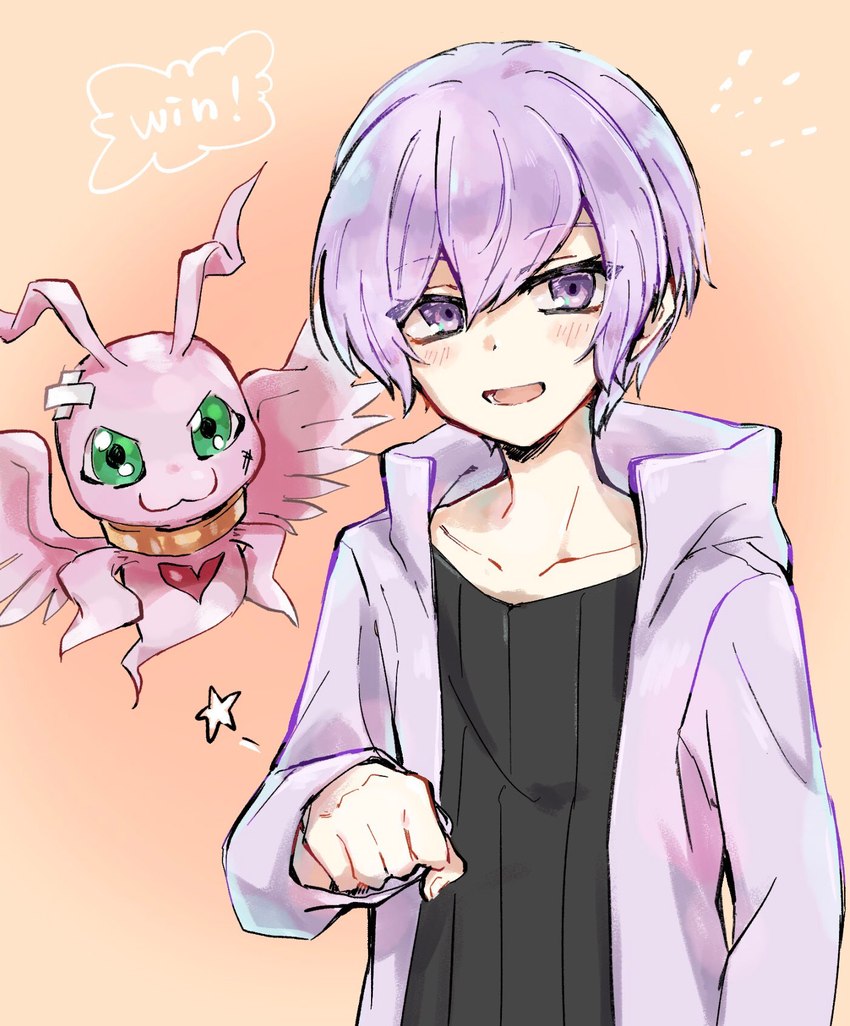 anthro bandage blush chibi clothing duo hair jacket male pink_body purple_hair topwear wings fucoidance bandai_namco digimon digimon_story yu_nogi digimon_(species) human mammal marineangemon hi_res