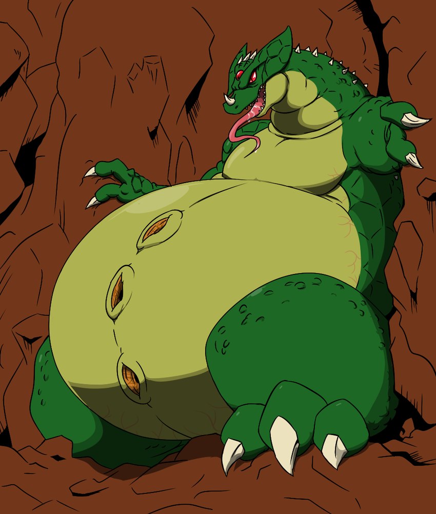 anthro belly big_belly bodily_fluids claws facial_horn fangs horn long_tail male nose_horn obese obese_anthro obese_male overweight overweight_anthro overweight_male red_eyes saliva saliva_on_tongue scales solo tail teeth toe_claws tongue tongue_out reagan700 metroid nintendo kraid monster scalie 2015