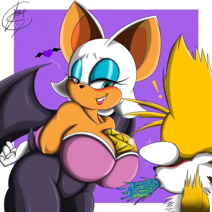 age_difference anthro big_breasts blush breasts duo female hearts_around_head male male/female older_female propositioning spit-take spitting younger_male foxium sega sonic_the_hedgehog_(series) miles_prower rouge_the_bat bat canid canine fox mammal 1:1 absurd_res hi_res