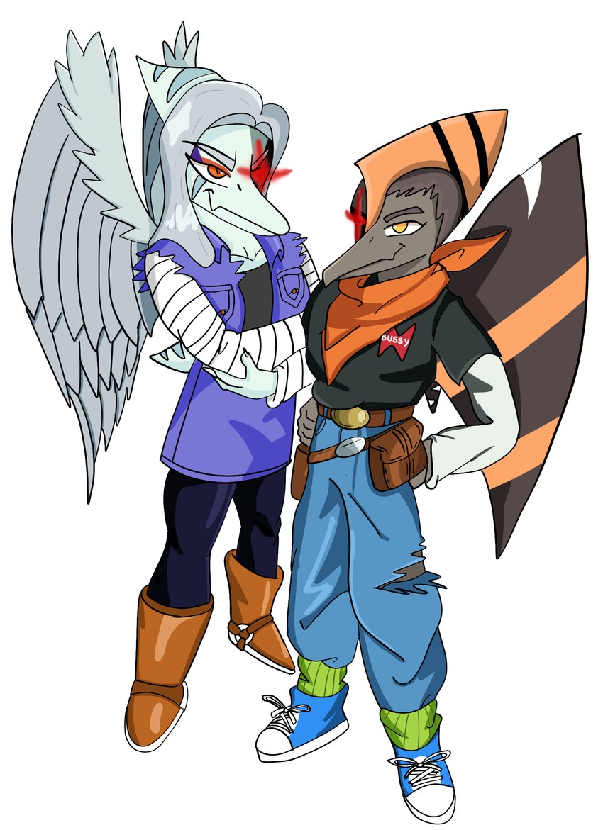 boots bottomwear clothed clothing cybernetic_eye cybernetics denim denim_bottomwear denim_clothing denim_skirt duo feathered_wings feathers female footwear glowing glowing_eyes grey_hair hair holster long_hair machine male orange_eyes scarf shoes short_hair simple_background skirt white_background wings loansharkmann cavemanon_studios dragon_ball dragon_ball_z goodbye_volcano_high snoot_game android_17 android_18 fang_(gvh) naser_(gvh) cyborg prehistoric_species pterodactylus pterosaur reptile scalie absurd_res hi_res