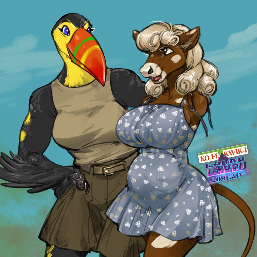 amputee anthro armless beak big_breasts black_body bottomwear breasts brown_body brown_bottomwear brown_clothing brown_shorts clothing countershading curled_hair disability duo feathered_arms female hair missing_all_arms missing_leg muscular non-mammal_breasts orange_beak outside pregnant pregnant_anthro pregnant_female shirt shorts simple_background summer_dress tail tan_clothing tan_shirt tan_tank_top tan_topwear tank_top topwear yellow_body yellow_countershading larru-larru avian bird bovid bovine mammal toucan 1:1