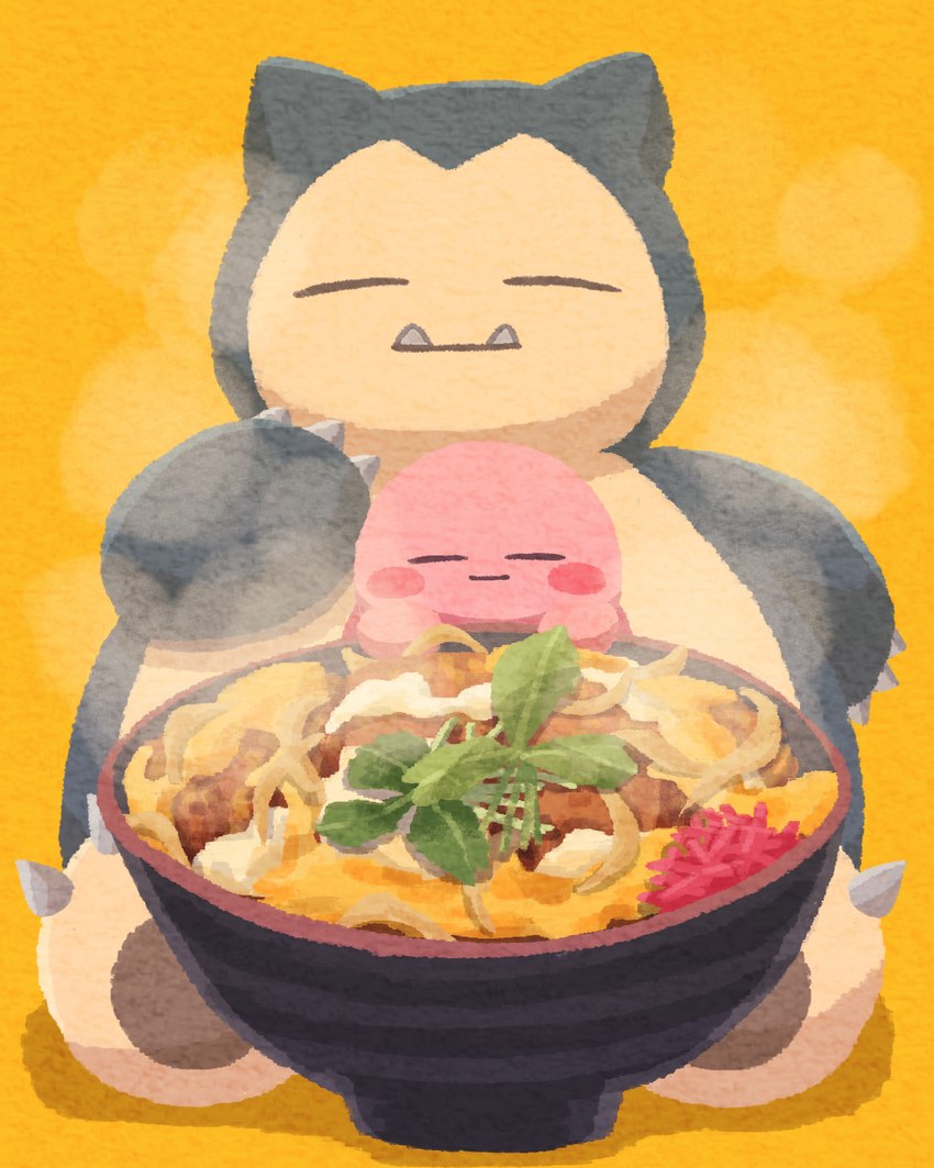 bowl container duo eyes_closed fangs food male relaxing simple_background sitting smile steam teeth ara_love_kirby kirby_(series) nintendo pokemon kirby alien generation_1_pokemon pokemon_(species) snorlax waddling_head 4:5 crossover hi_res