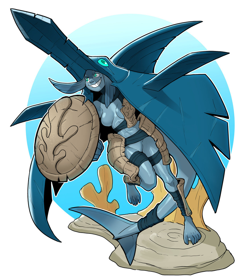 5_toes abs action_pose armor barefoot big_breasts blue_body blue_eyes blue_skin breasts featureless_breasts featureless_crotch feet female grin humanoid_feet membrane_(anatomy) muscular muscular_female muscular_humanoid plantigrade pose scar shield smile solo tail tail_wraps toes vambrace webbed_feet wraps ceehaz animal_humanoid billfish fish fish_humanoid humanoid istiophoriform marine marine_humanoid swordfish 2019 absurd_res hi_res