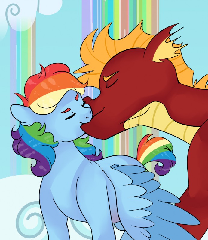 duo eyebrows eyes_closed female feral hair interspecies kissing male male/female multicolored_hair multicolored_tail rainbow_hair rainbow_tail red_body red_scales scales tail wings cockyroaches friendship_is_magic hasbro my_little_pony mythology garble_(mlp) rainbow_dash_(mlp) dragon equid equine mammal mythological_creature mythological_equine mythological_scalie pegasus scalie 2016 hi_res