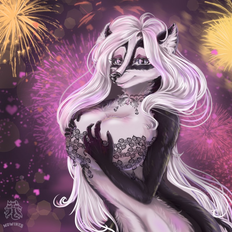 anthro big_breasts bra breasts clothed clothing female fireworks fur gem hair holidays lace lingerie long_hair looking_at_viewer nude open_mouth party simple_background smile solo standing underwear white_hair conditional_dnp mdwines canid canine canis domestic_dog fox mammal 1:1 2018 absurd_res digital_media_(artwork) hi_res