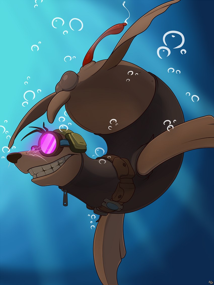 anatomically_correct anatomically_correct_genitalia anatomically_correct_penis animal_genitalia animal_penis balls bodily_fluids brown_body brown_fur bubble clothed clothed_feral clothing eyewear feral flippers fur genital_fluids genitals goggles grin headgear headwear male opaque_goggles penis precum skinsuit smile solo swimming swimwear teeth tight_clothing underwear whiskers mcfan seal_team switch_(seal_team) mammal marine pinniped seal hi_res