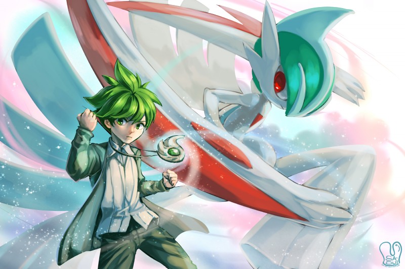 clothed clothing dress duo green_eyes green_hair hair looking_at_viewer male pose red_eyes sa-dui nintendo pokemon wally_(pokemon) generation_6_pokemon human humanoid mammal mega_evolution mega_gallade pokemon_(species) 3:2 hi_res