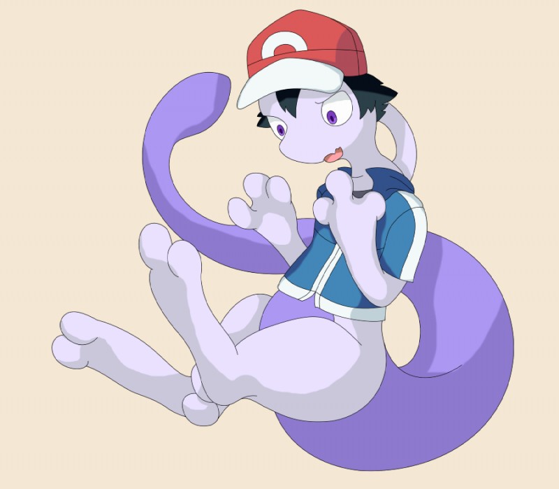 after_transformation bangs baseball_cap biped black_hair bottomless clothed clothing floating hair hat headgear headwear looking_at_self male open_mouth pose purple_eyes shirt simple_background solo tan_background three-quarter_view topwear yorusagi nintendo pokemon ash_ketchum pokemon_trainer generation_1_pokemon legendary_pokemon mewtwo pokemon_(species) 2017 cel_shading digital_drawing_(artwork) digital_media_(artwork) full-length_portrait portrait shaded